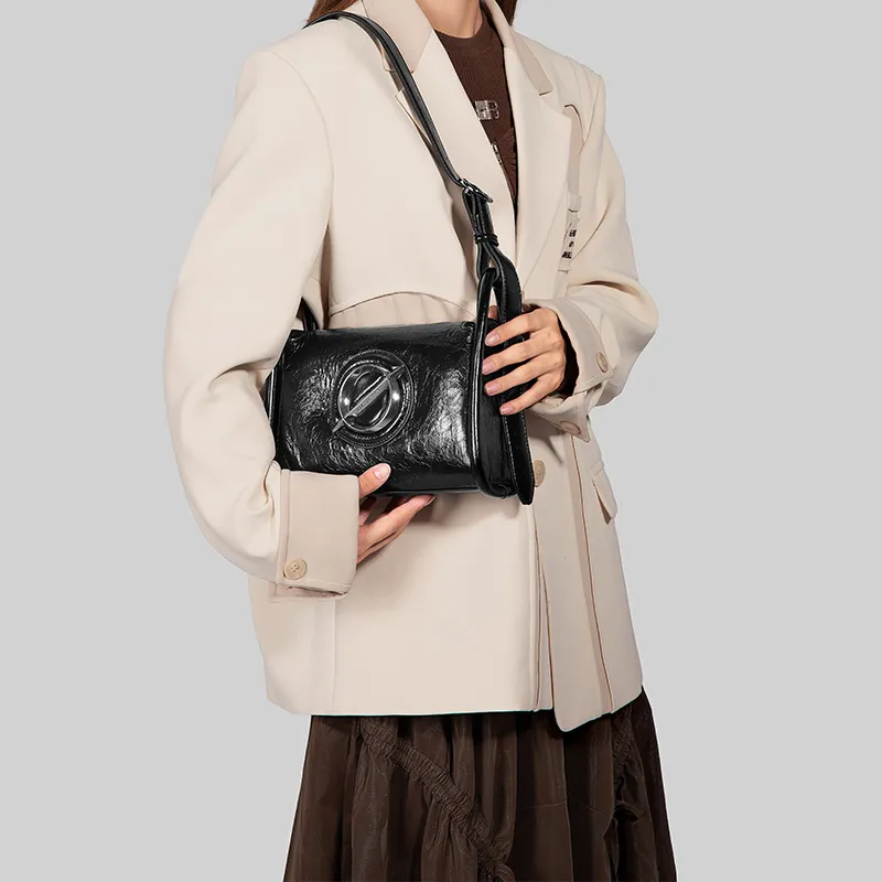 JELLYTOYBOY Cow Leather Patchwork With Artificial Leather Curvy Pack Shoulder Bag Crossbody Bag Women's Black-5