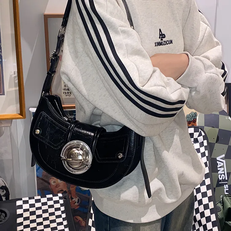 JELLYTOYBOY Cow Leather With PVC Night Star Bag Dumpling Bag, Shoulder Bag, Crossbody Bag Women's Black-7