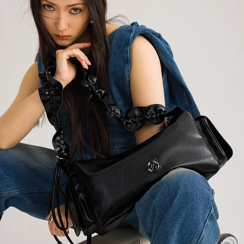 JELLYTOYBOY High Texture Cow Leather Cloud Cluster Bucket Bag Underarm Crossbody Bag, Shoulder Bag Tubas Women's Black-7