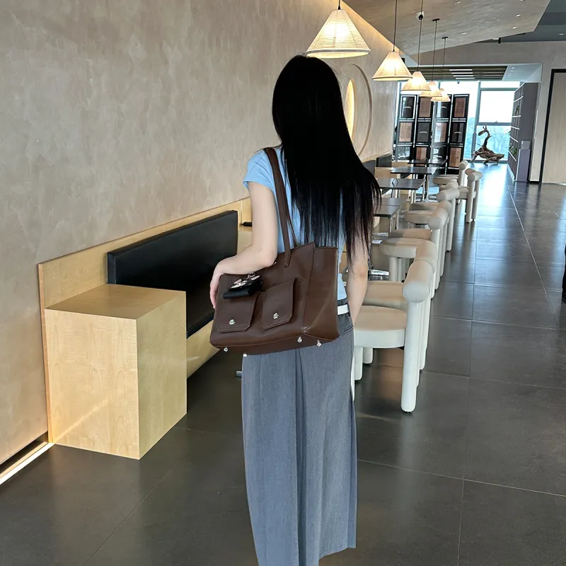 JELLYTOYBOY Cow Leather With Artificial Leather Shoulder Bag Large Size Women's Black/Brown Color-6