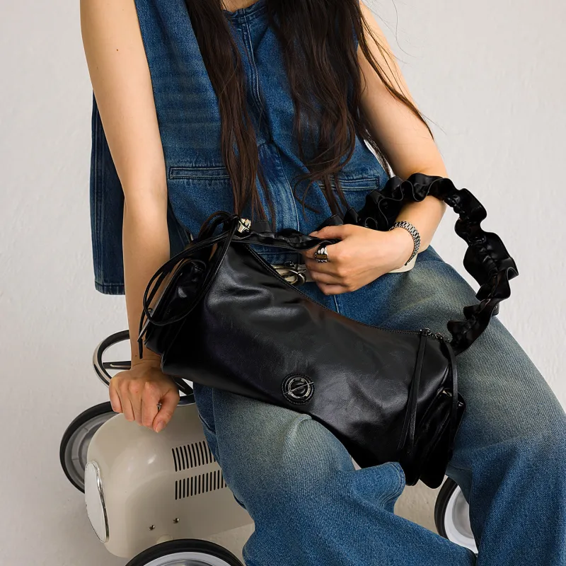 JELLYTOYBOY High Texture Cow Leather Cloud Cluster Bucket Bag Underarm Crossbody Bag, Shoulder Bag Tubas Women's Black-6