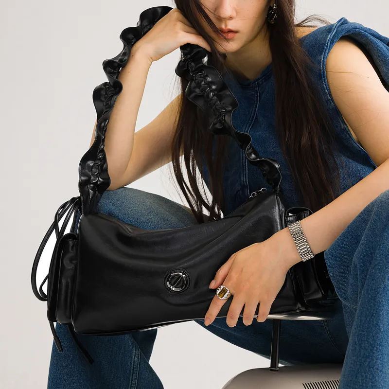 JELLYTOYBOY High Texture Cow Leather Cloud Cluster Bucket Bag Underarm Crossbody Bag, Shoulder Bag Tubas Women's Black-5
