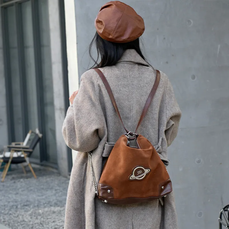 JELLYTOYBOY Cow Leather Leather Star Journey Bag Backpack Shoulder Bag Crossbody Bag Tote Women's Brown-4