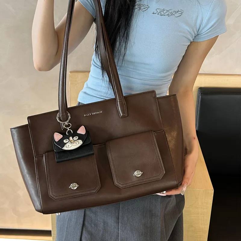 JELLYTOYBOY Cow Leather With Artificial Leather Shoulder Bag Large Size Women's Black/Brown Color-7