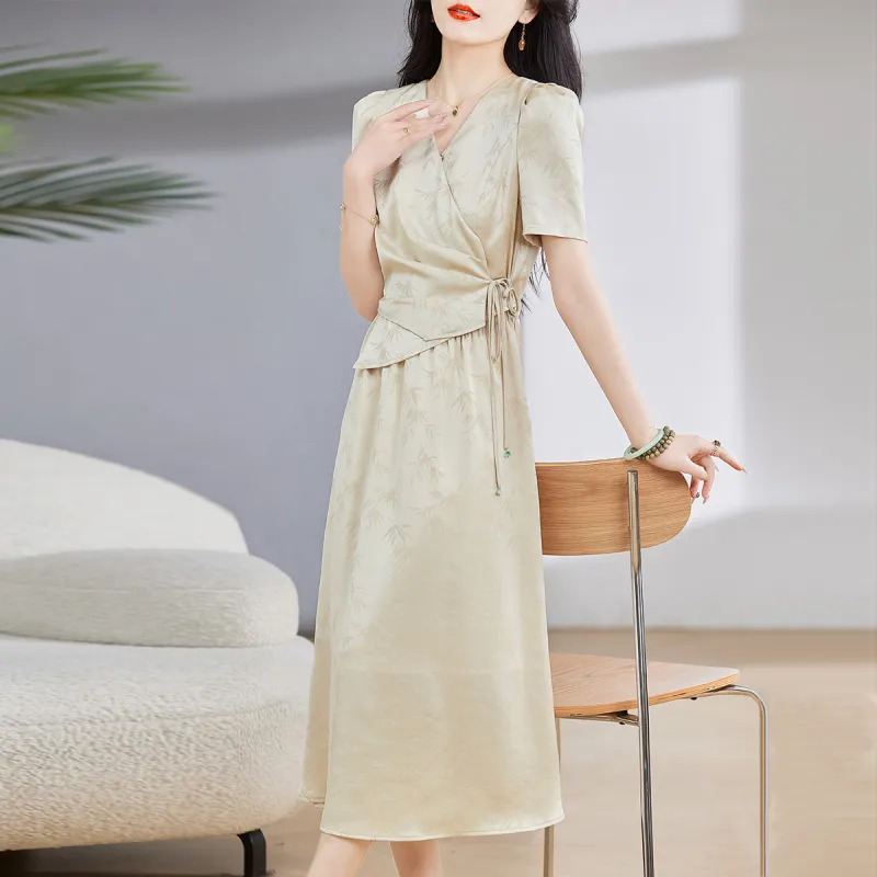Hang Yi Court Short Sleeved Dress Women's Light Khaki-3