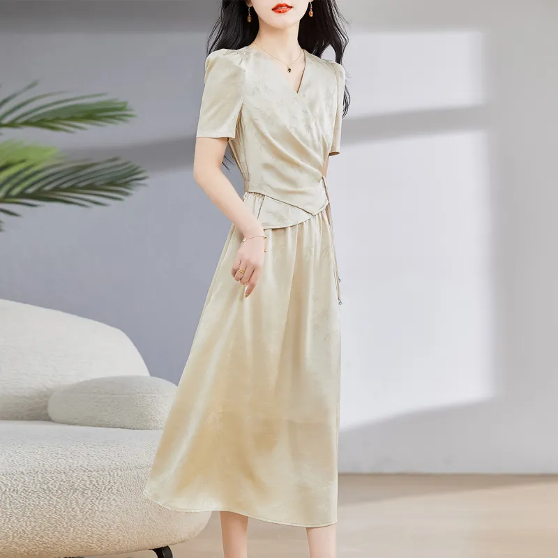 Hang Yi Court Short Sleeved Dress Women's Light Khaki-6