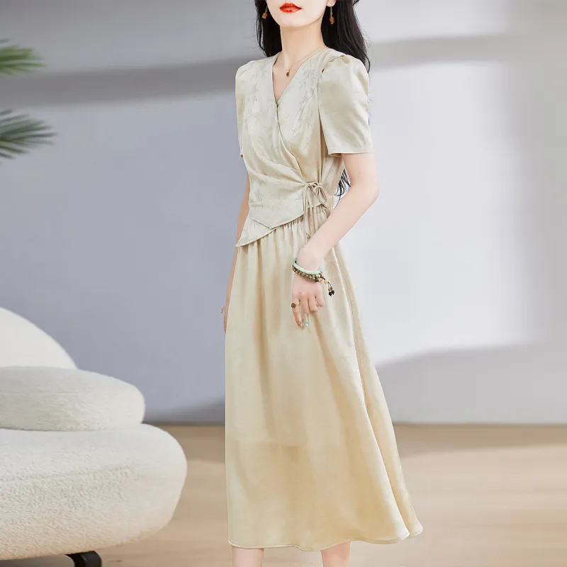 Hang Yi Court Short Sleeved Dress Women's Light Khaki-7