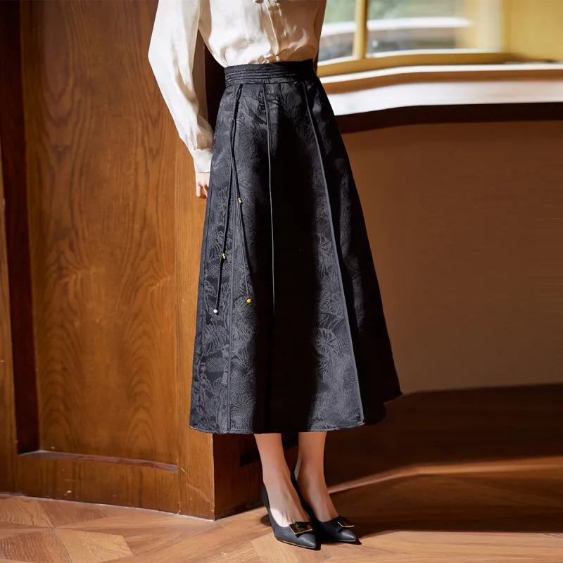 Hang Yi Court Casual Long Skirts Women's Black-4