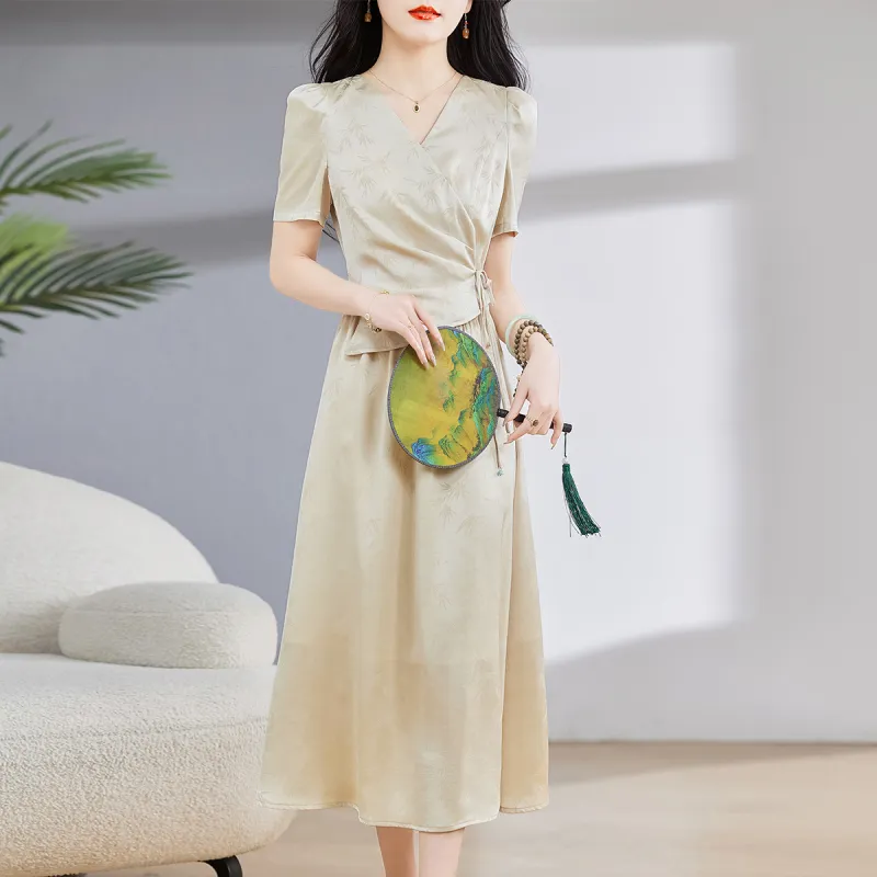 Hang Yi Court Short Sleeved Dress Women's Light Khaki-5