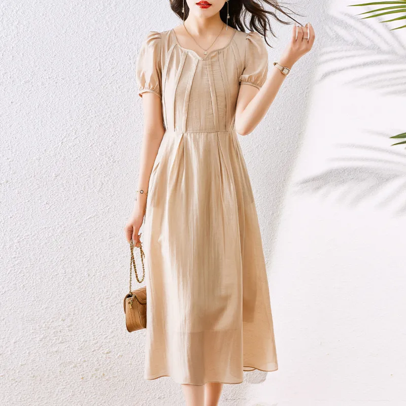 Hang Yi Court Short Sleeved Dress Women's Champagne-2