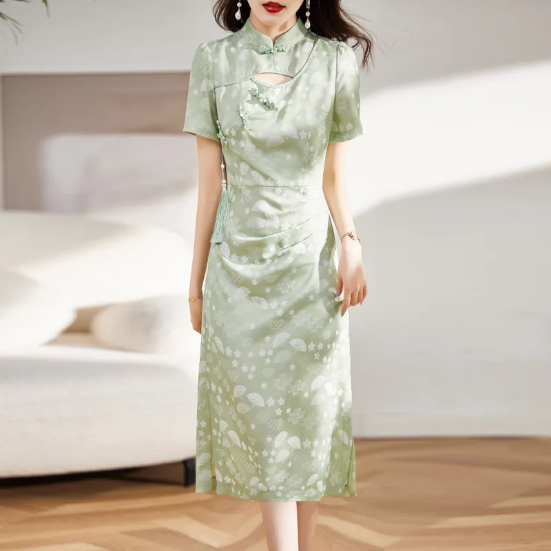 Hang Yi Court Short Sleeved Dress Women's Green-2