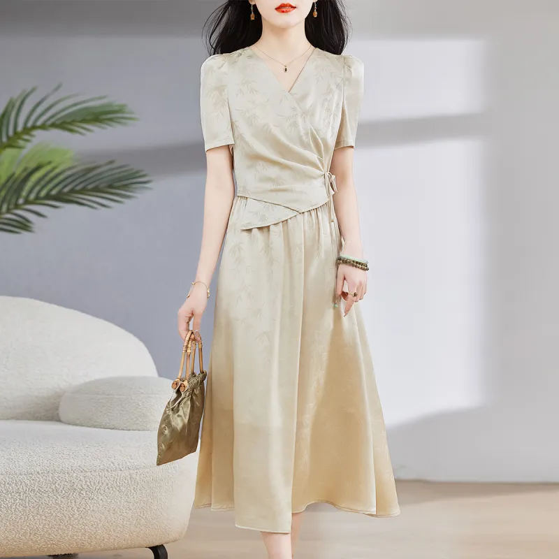 Hang Yi Court Short Sleeved Dress Women's Light Khaki-4