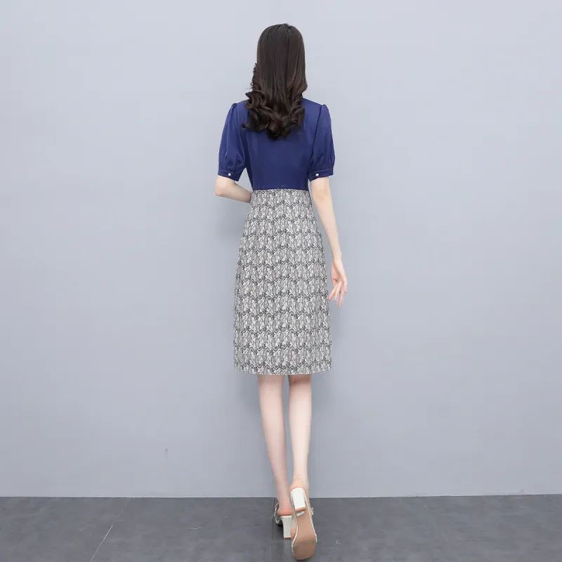 Hang Yi Court Short Sleeved Dress Women's Sapphire Blue-2
