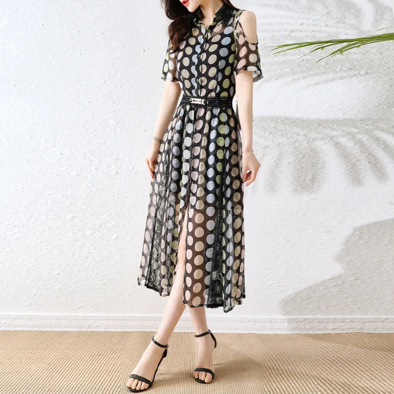 Hang Yi Court Short Sleeved Dress Women's Black With Polka Dot-2