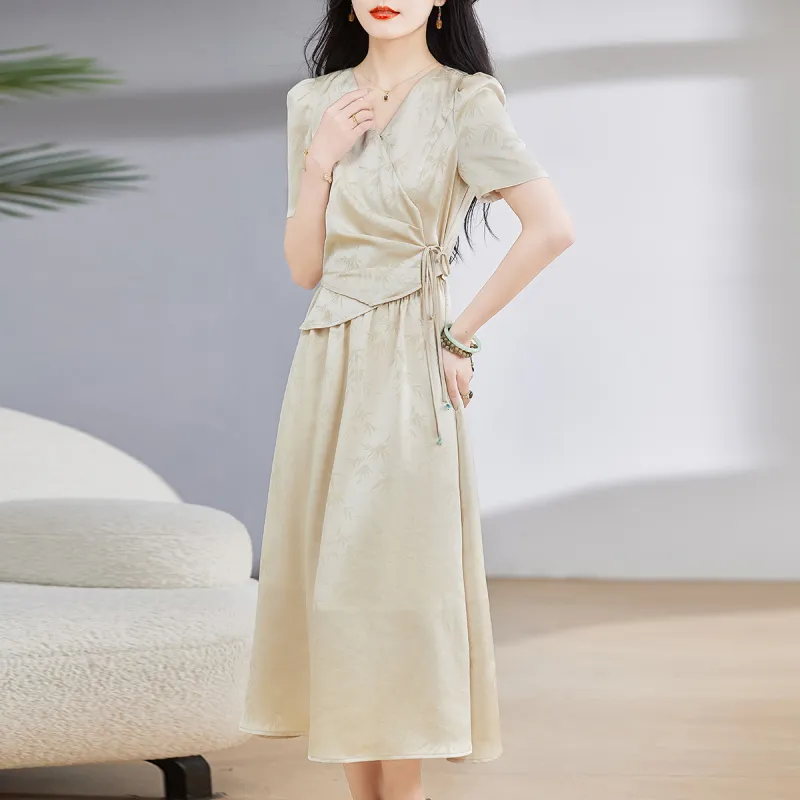 Hang Yi Court Short Sleeved Dress Women's Light Khaki-1