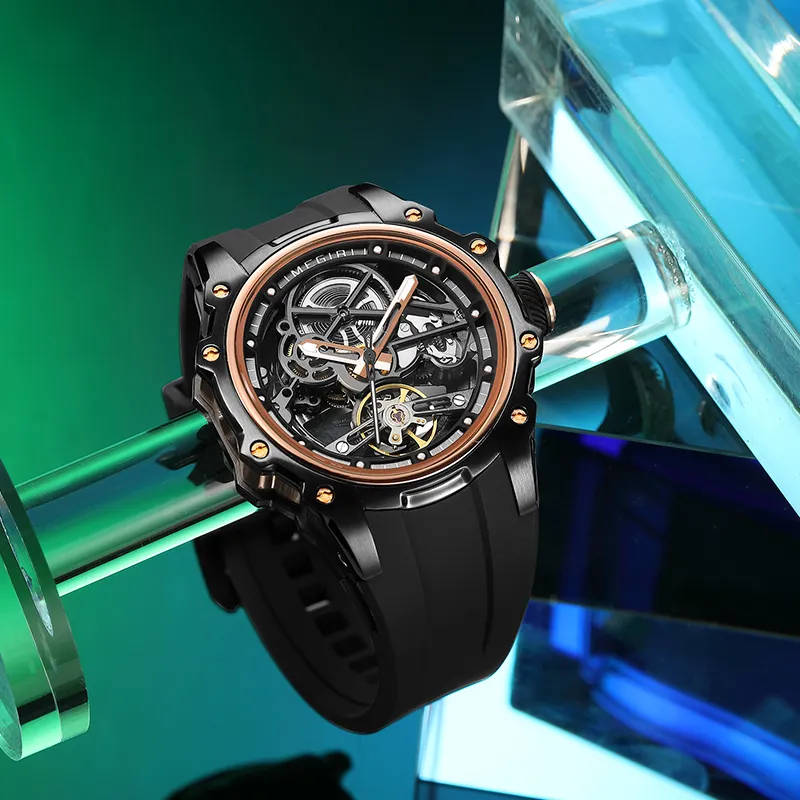 MEGIR Mechanical Movement Silicone Strap Watch Men's Watches Cut-Out Dial-12