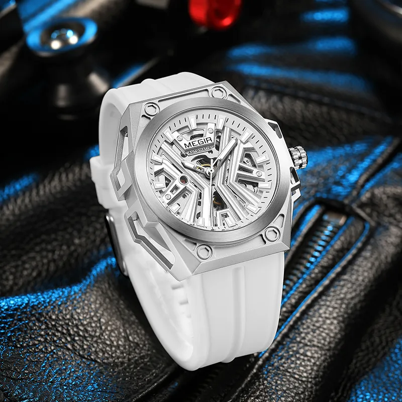 MEGIR Mechanical Movement Silicone Strap Watch Unisex White Dial-1