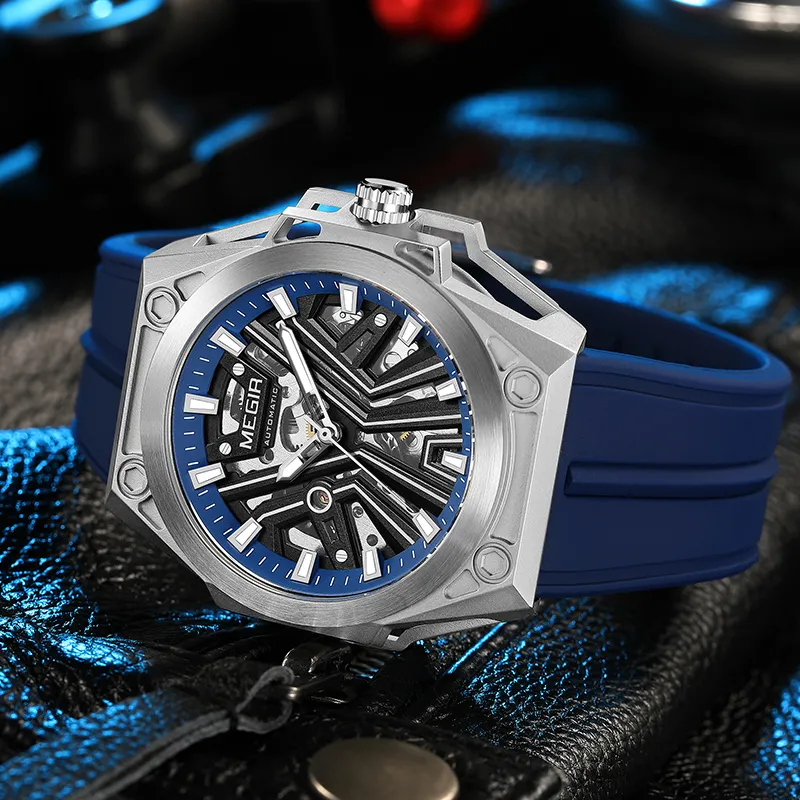 MEGIR Mechanical Movement Silicone Strap Watch Unisex White Dial-9