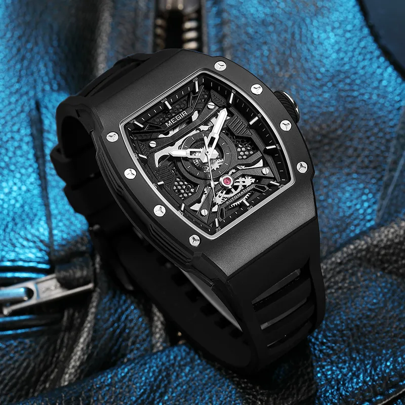 MEGIR Mechanical Movement Silicone Strap Watch Men's Watches Black Dial-1