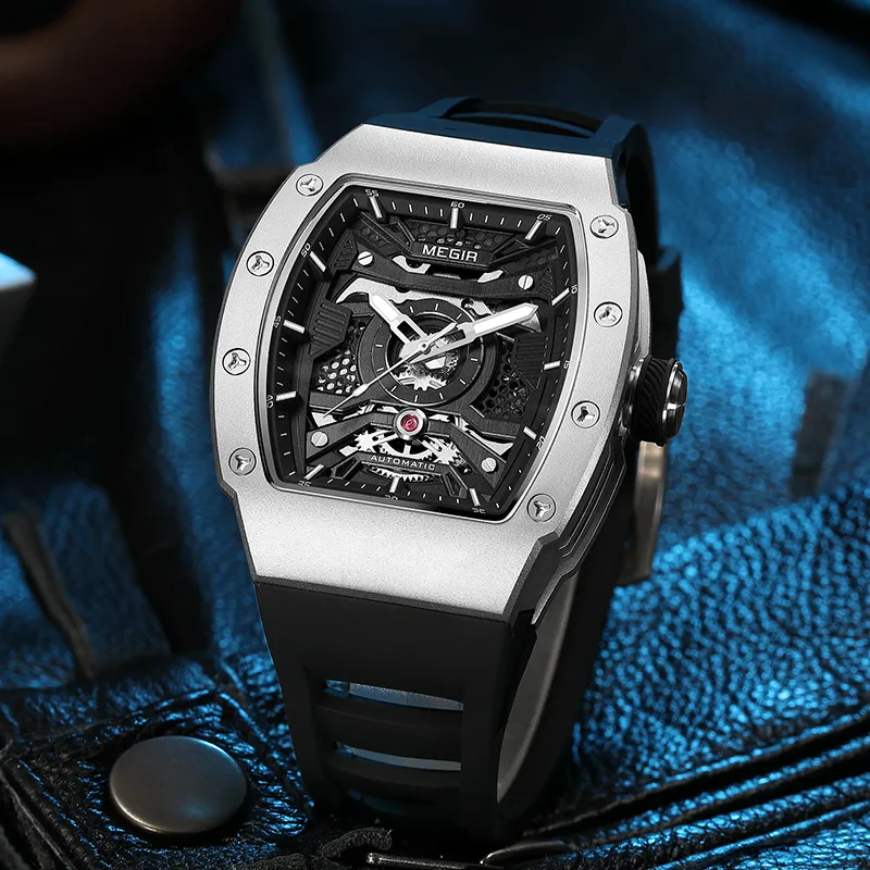 MEGIR Mechanical Movement Silicone Strap Watch Men's Watches Black Dial-8