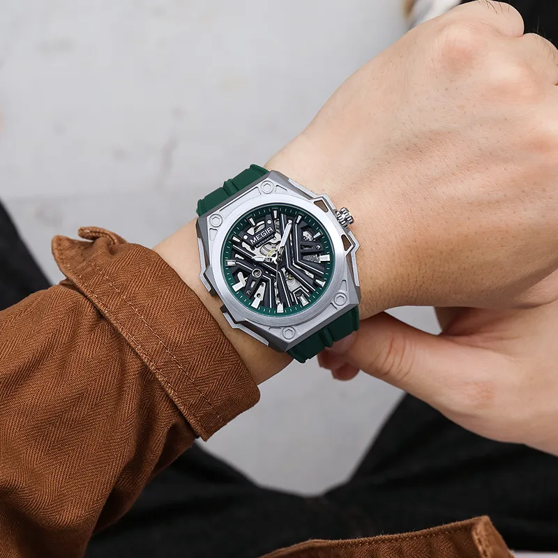 MEGIR Mechanical Movement Silicone Strap Watch Unisex White Dial-13
