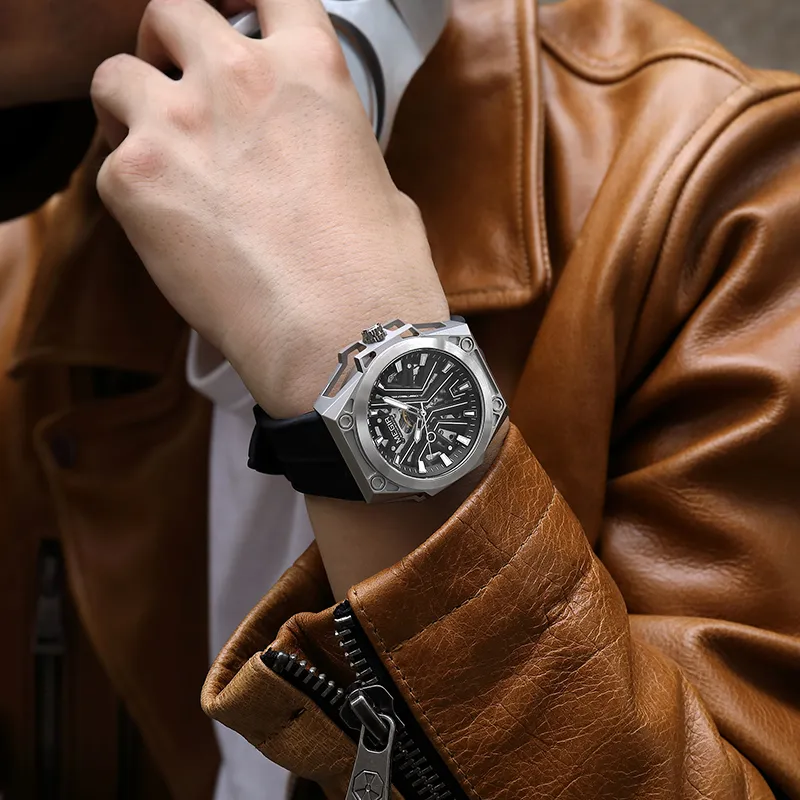 MEGIR Mechanical Movement Silicone Strap Watch Unisex White Dial-7