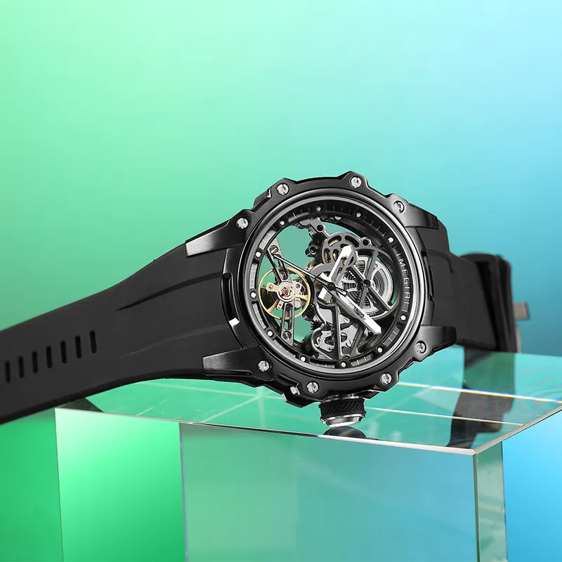 MEGIR Mechanical Movement Silicone Strap Watch Men's Watches Cut-Out Dial-9