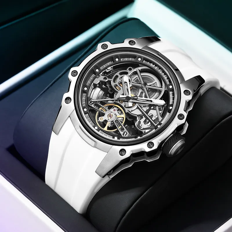 MEGIR Mechanical Movement Silicone Strap Watch Men's Watches Cut-Out Dial-2