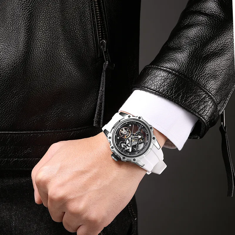 MEGIR Mechanical Movement Silicone Strap Watch Men's Watches Cut-Out Dial-3