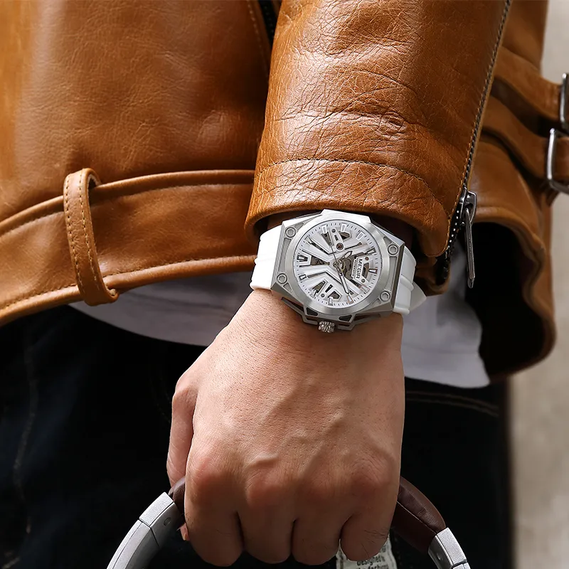 MEGIR Mechanical Movement Silicone Strap Watch Unisex White Dial-2