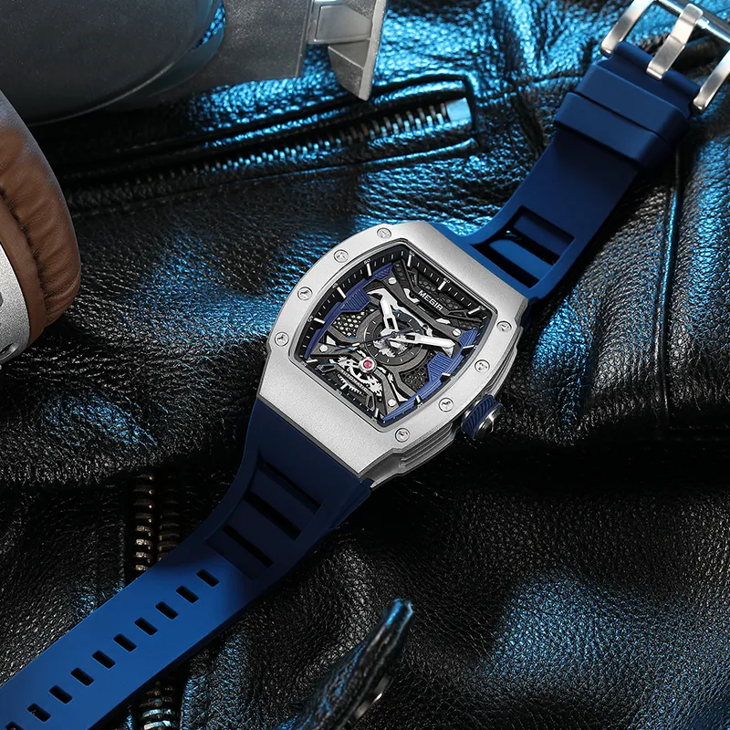 MEGIR Mechanical Movement Silicone Strap Watch Men's Watches Black Dial-5