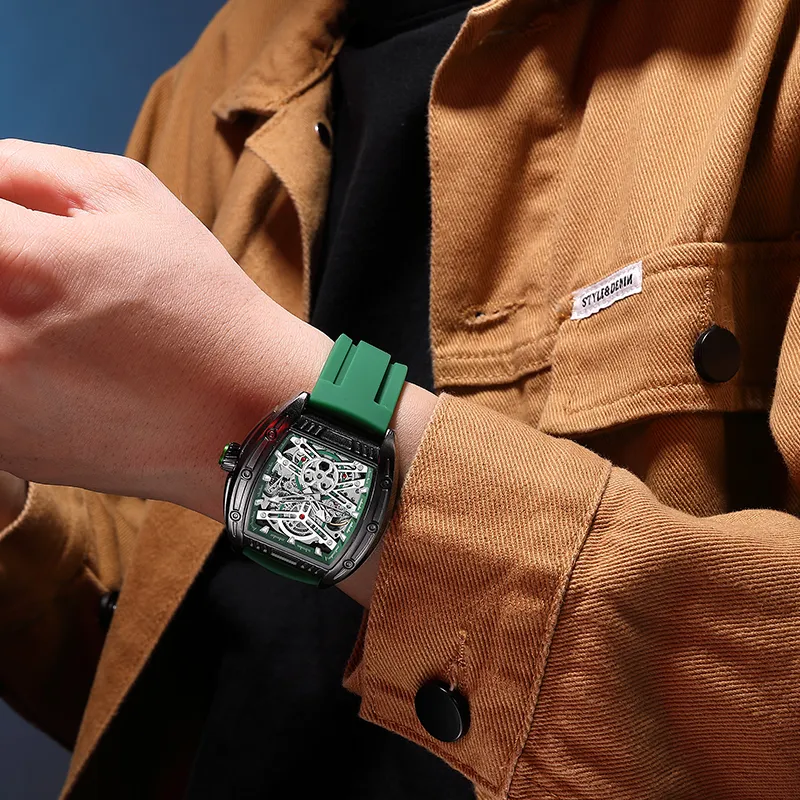 MEGIR Mechanical Movement Silicone Strap Watch Men's Watches Green Dial-2