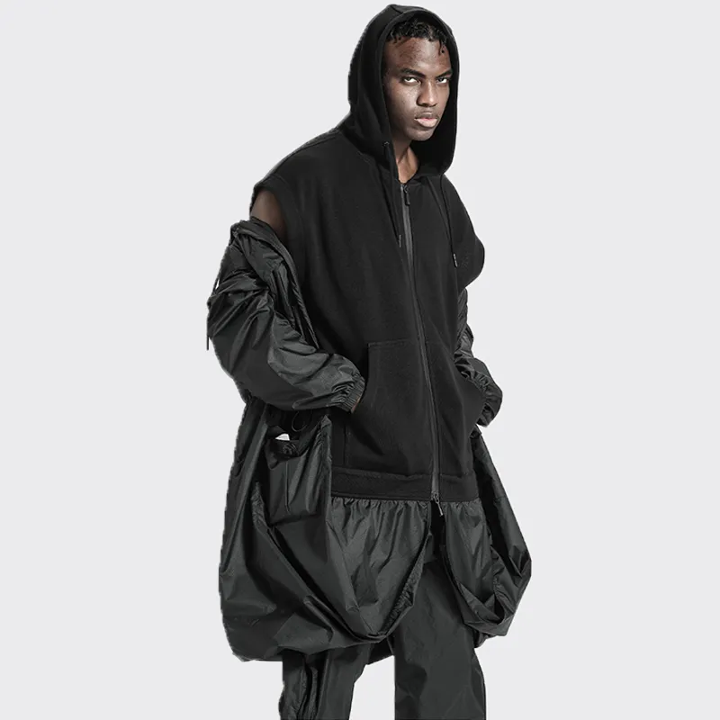 NORVINCY Black Warrior Solid Color Waist Cutting Windproof Hooded Mid Length Coat Unisex-11