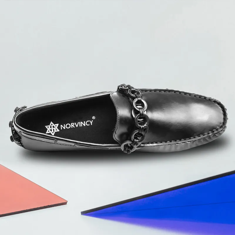 NORVINCY Trendy Man Solid Color Flat Toe Black Small Leather Shoes Unisex-3