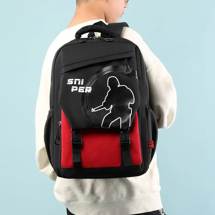 Natural Fish Nylon Backpack Red Human Figure Black Human Figure Red Five Pointed Star Black Five Pointed Star-1