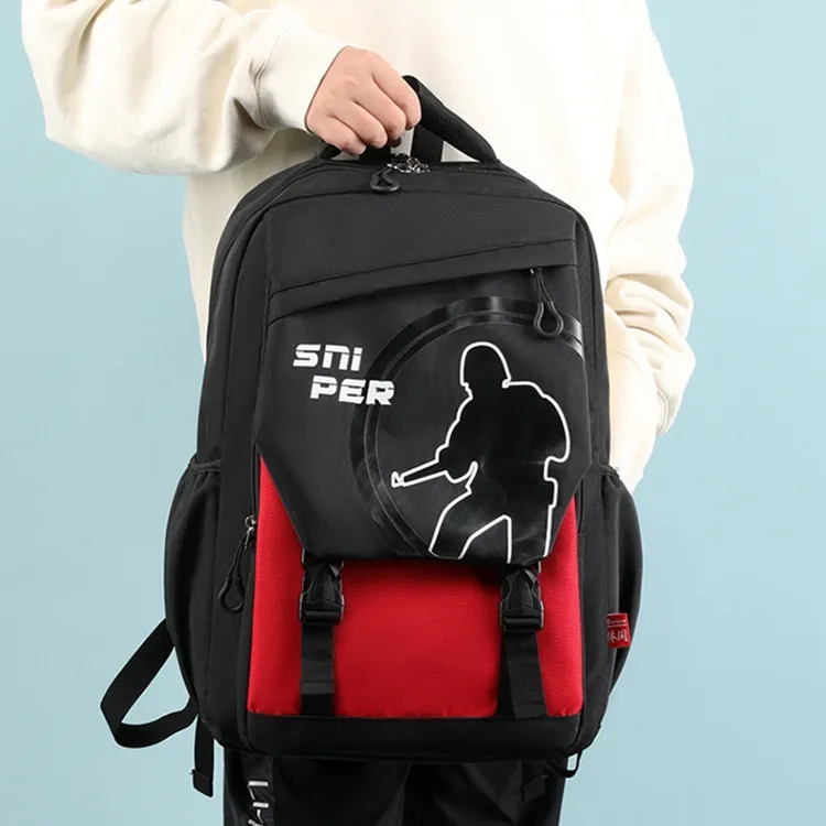 Natural Fish Nylon Backpack Red Human Figure Black Human Figure Red Five Pointed Star Black Five Pointed Star-2