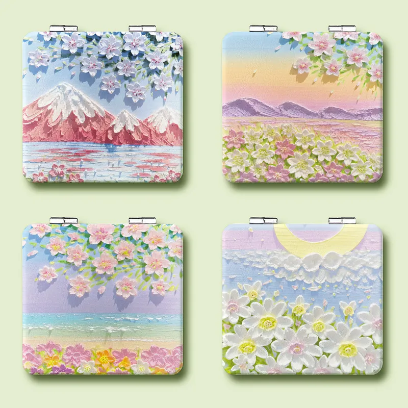 MENGNI Hand Drawn Color Oil Painting Make Up Mirrors Portable Pocket Foldable Double Sided Mirror-1
