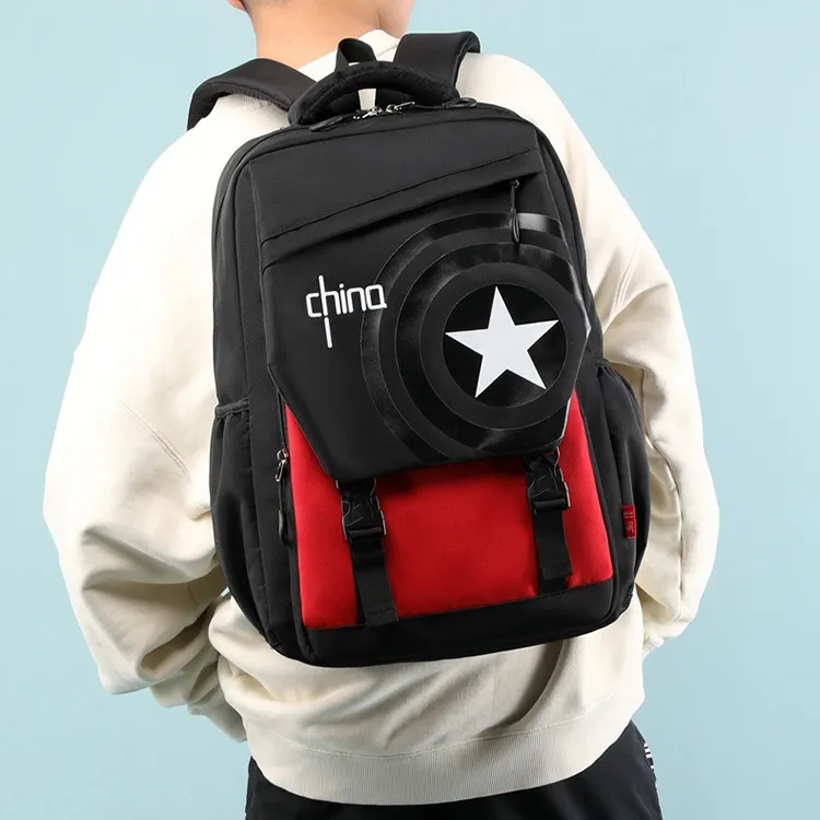 Natural Fish Nylon Backpack Red Human Figure Black Human Figure Red Five Pointed Star Black Five Pointed Star-7