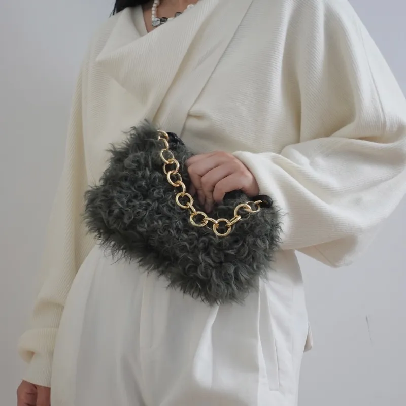QULU Wool One Shoulder Handbag Small Size Women's Beige/Green/Black-19