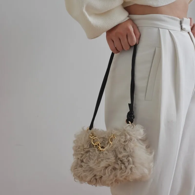 QULU Wool One Shoulder Handbag Small Size Women's Beige/Green/Black-4