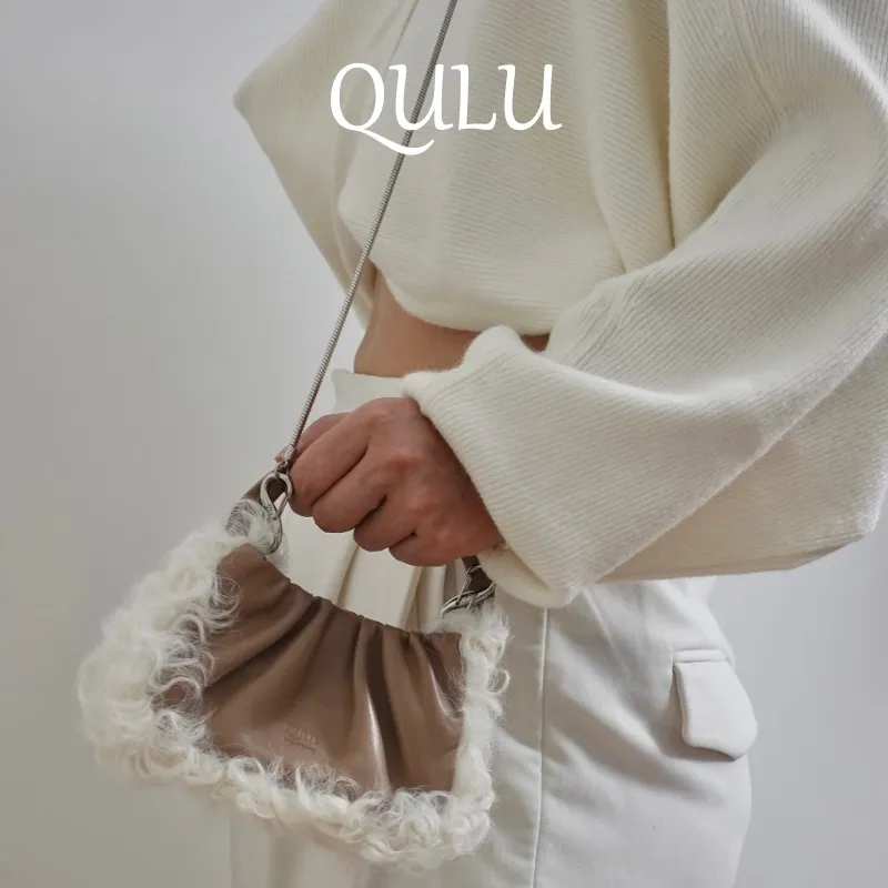 QULU Sheepskin Shoulder Bag Crossbody Bag Handbag Mini Women's White-45