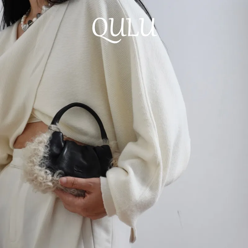 QULU Sheepskin Shoulder Bag Crossbody Bag Handbag Mini Women's White-53