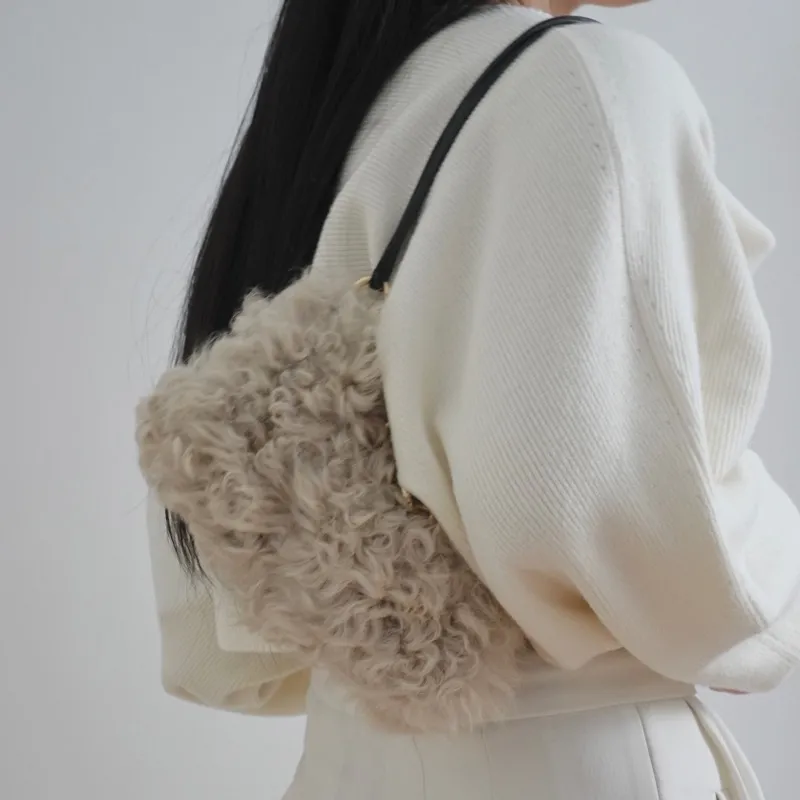 QULU Wool One Shoulder Handbag Small Size Women's Beige/Green/Black-6
