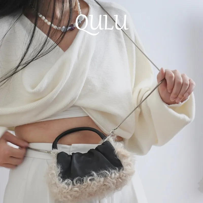 QULU Sheepskin Shoulder Bag Crossbody Bag Handbag Mini Women's White-52