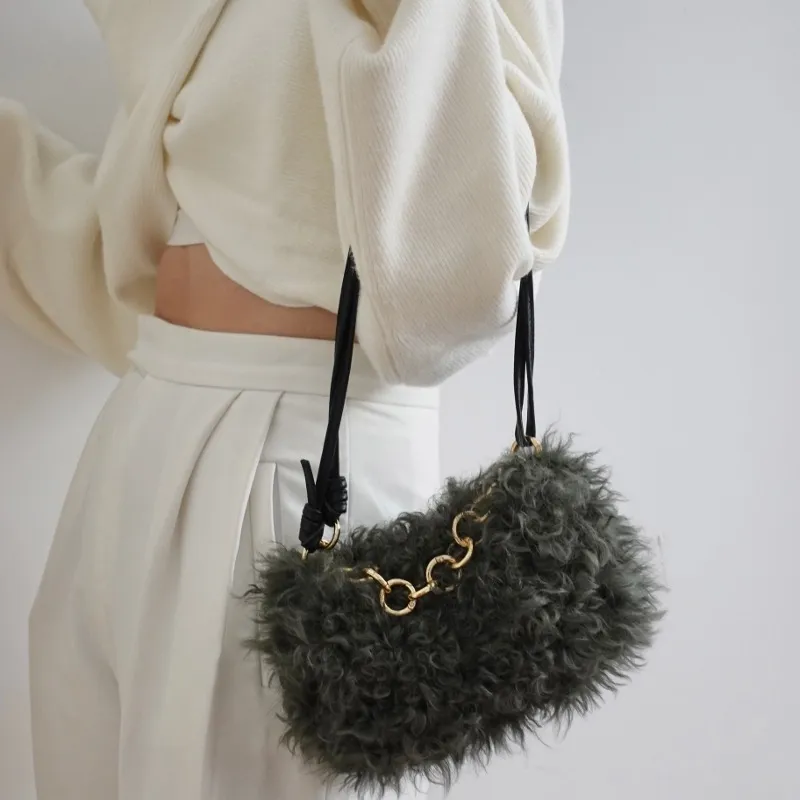 QULU Wool One Shoulder Handbag Small Size Women's Beige/Green/Black-17