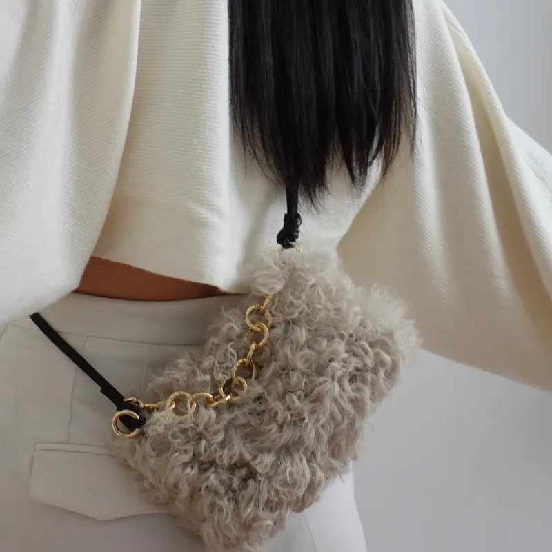 QULU Wool One Shoulder Handbag Small Size Women's Beige/Green/Black-5