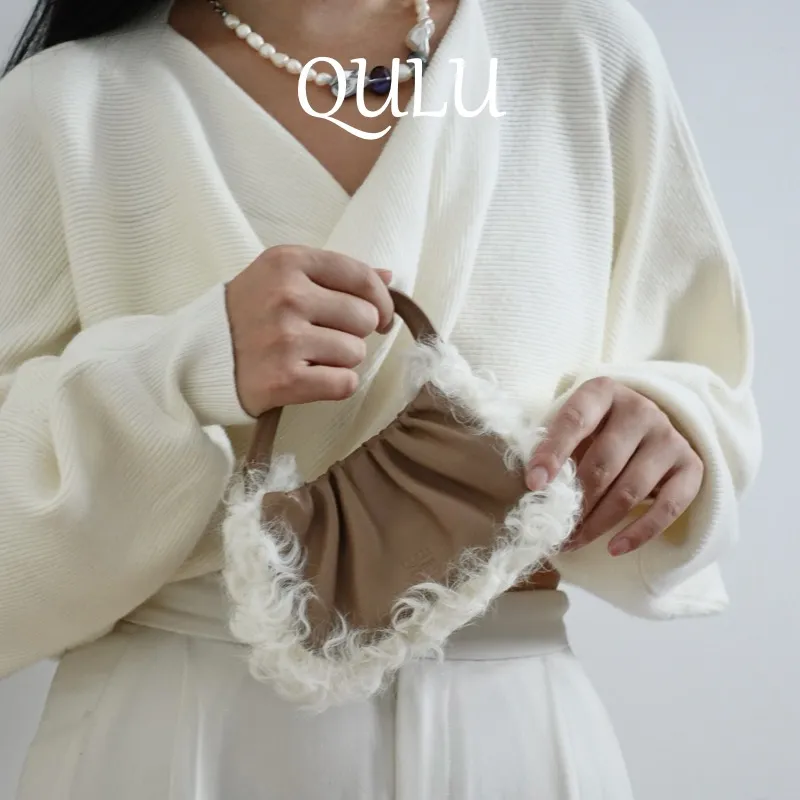 QULU Sheepskin Shoulder Bag Crossbody Bag Handbag Mini Women's White-44