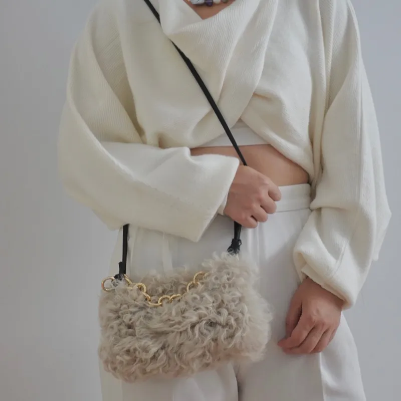 QULU Wool One Shoulder Handbag Small Size Women's Beige/Green/Black-10