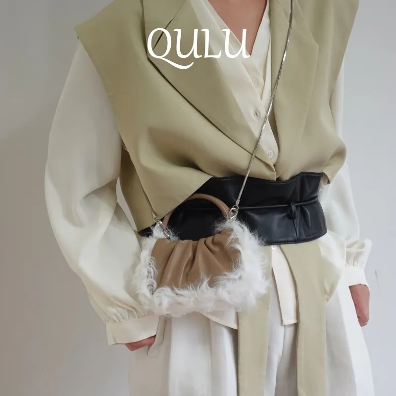 QULU Sheepskin Shoulder Bag Crossbody Bag Handbag Mini Women's White-43