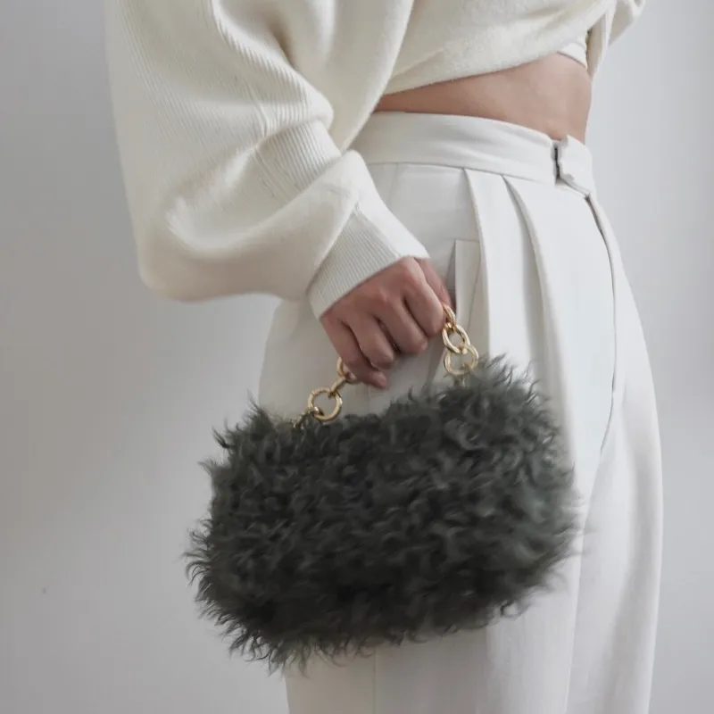 QULU Wool One Shoulder Handbag Small Size Women's Beige/Green/Black-18